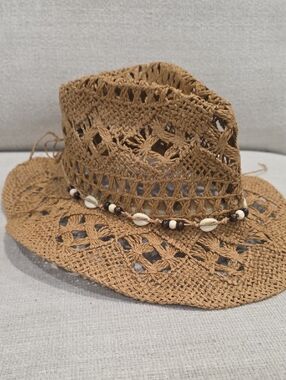 Handwoven Brown Straw Beach Hat with Shell Accent